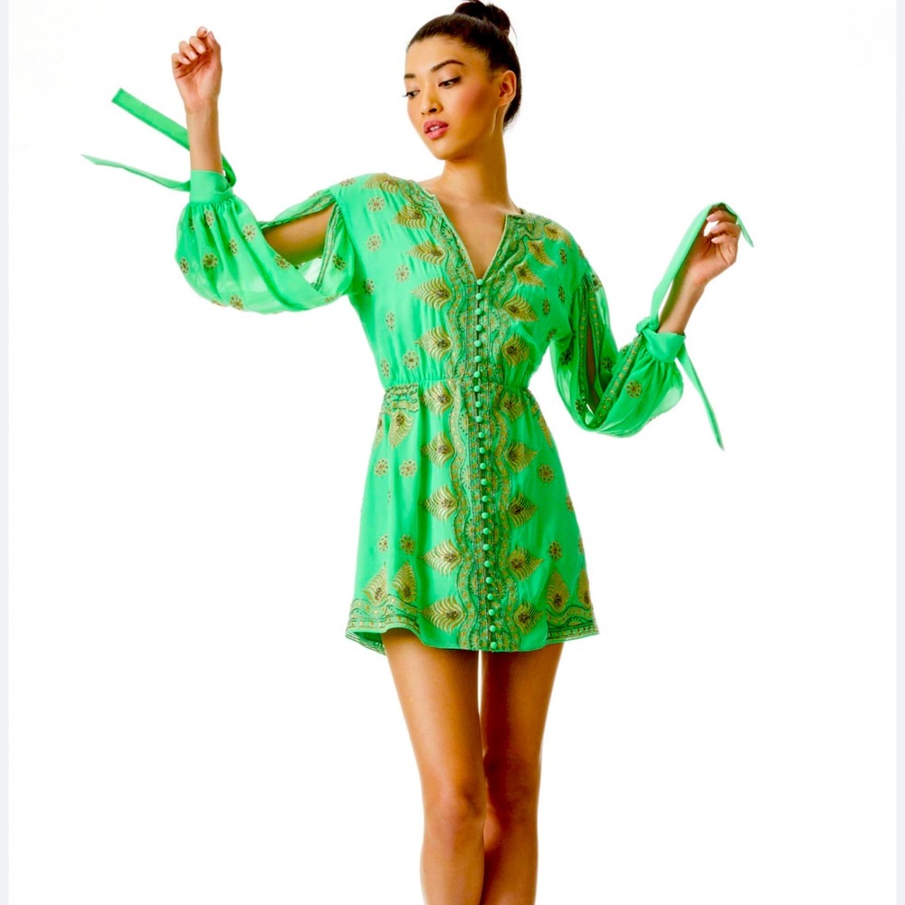 Alice & Olivia Jade & Gold Embroidered Minidress